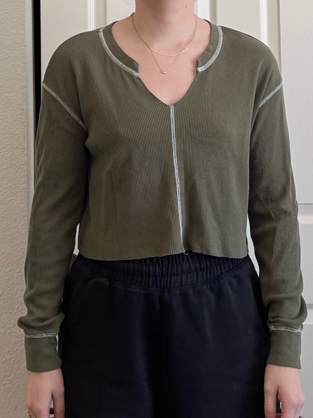 bp Olive Green Cropped V-Neck Long-Sleeve Top